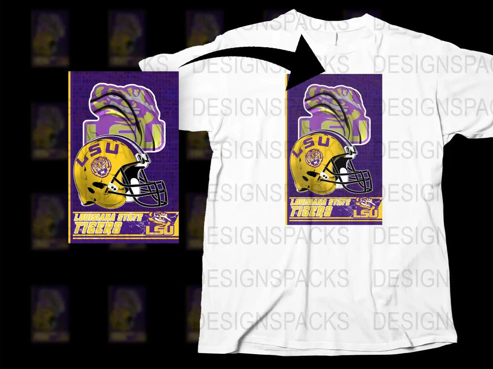 LSU Tigers Football Helmet Graphic T-Shirt, College Sports Fan Apparel, Purple and Gold Tee