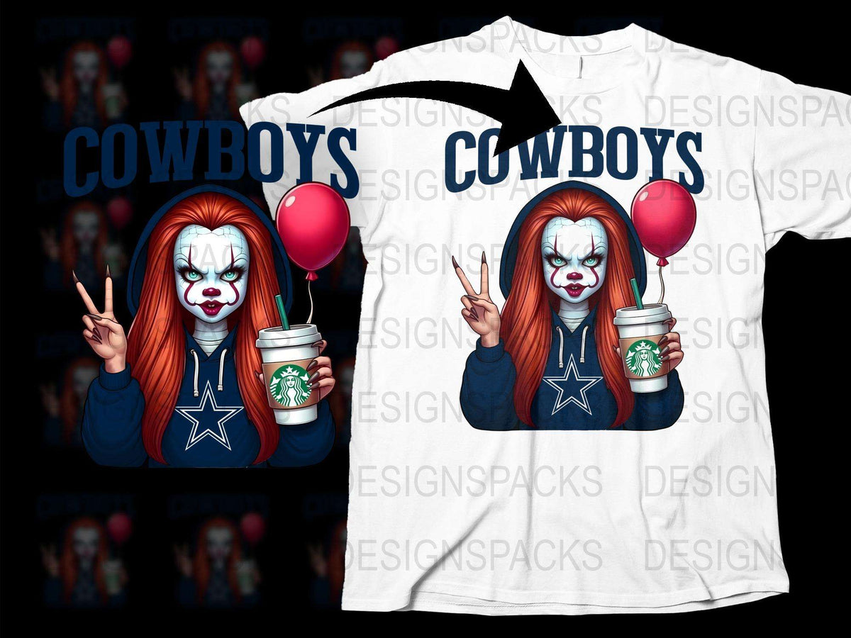 Creepy Clown Cowboy Fan T-Shirt, Horror Clown Holding Starbucks, Sports Team Support Tee, Unique Halloween Costume Idea