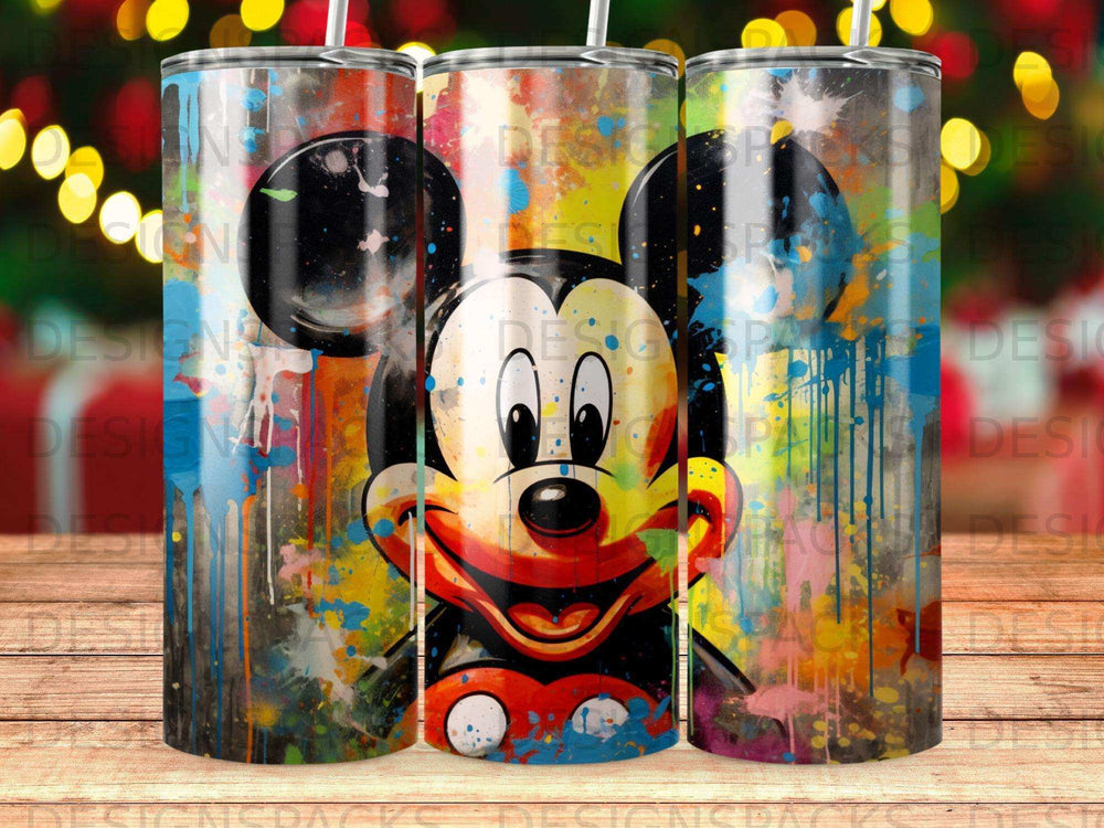 Mickey Mouse character with colorful paint splatter design on a tumbler.