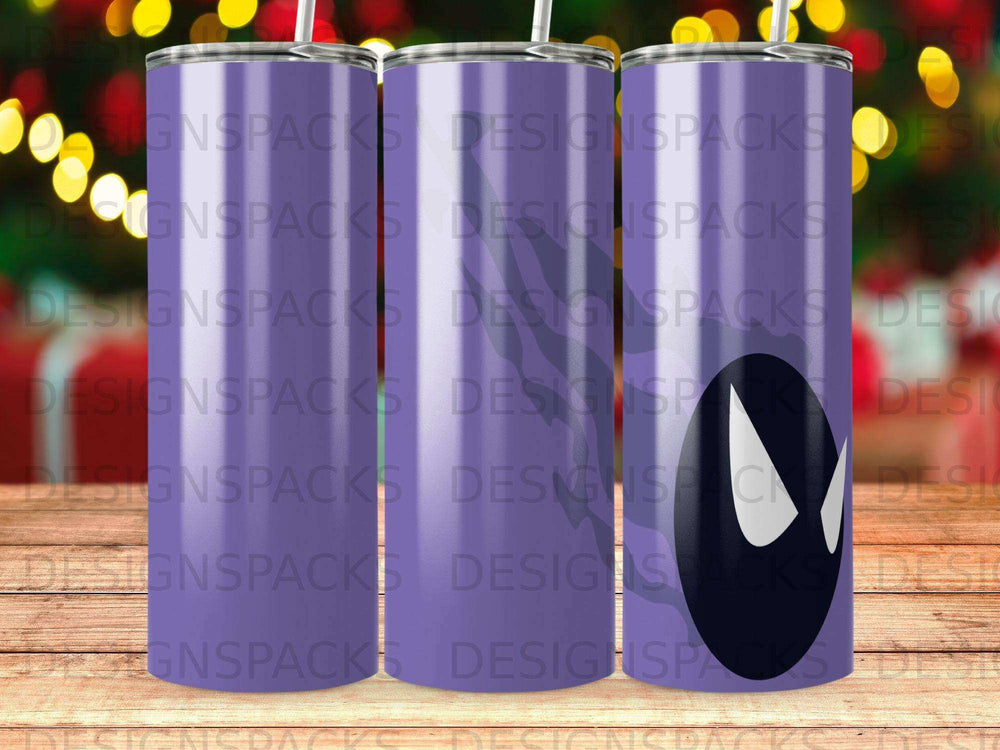 Three tumblers with a purple gradient and a black spider symbol.