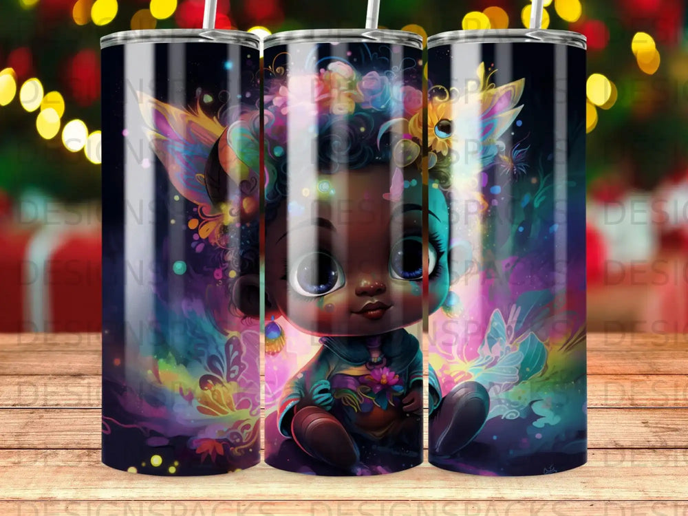 Stylized illustration of a young girl with colorful adornments, sitting against a dark, vibrant background.