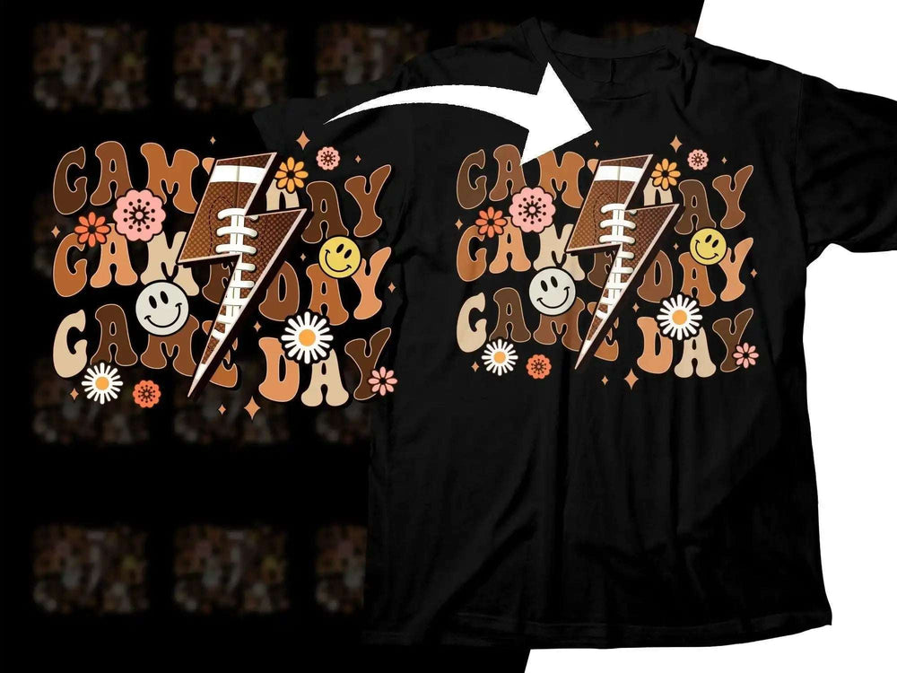 Game Day t-shirt design with football lightning bolt, smiley faces, and flowers for DTF/DTG printing