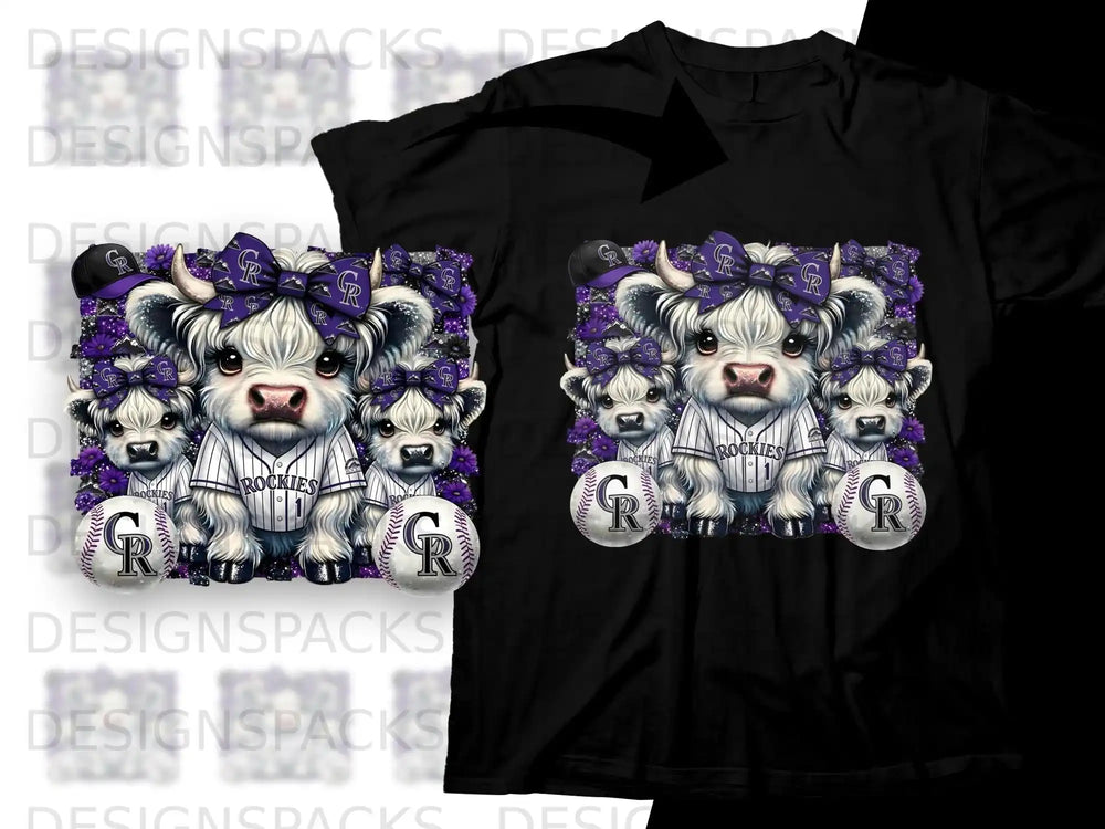 Colorado Rockies cows with purple floral accents and baseballs.