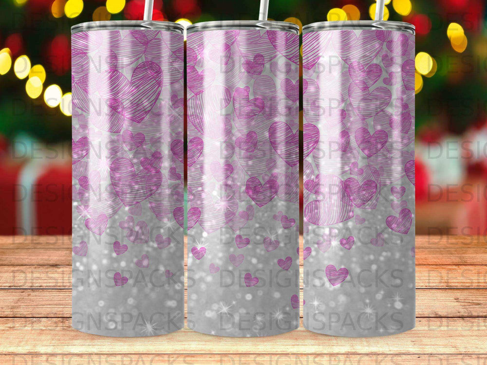 Pink heart pattern on a tumbler with a sparkly background.