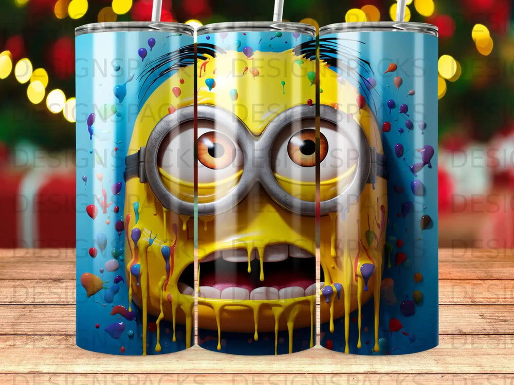 Minion character with dripping yellow paint on blue background.