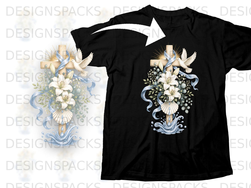 Black t-shirt with a cross, lilies, doves, ribbons, and water design.