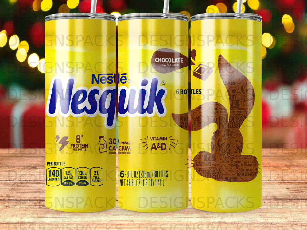 Nesquik chocolate lowfat milk six 8-fluid ounce bottles with nutritional information.