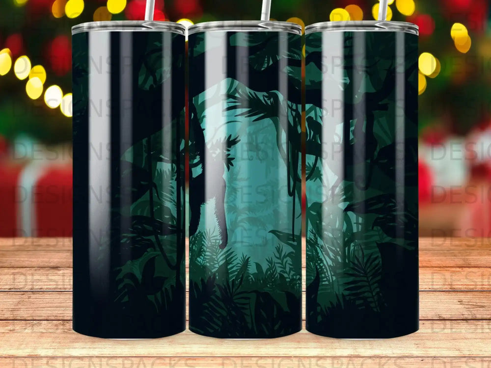 Green jungle scene with lion on a patterned tumbler.