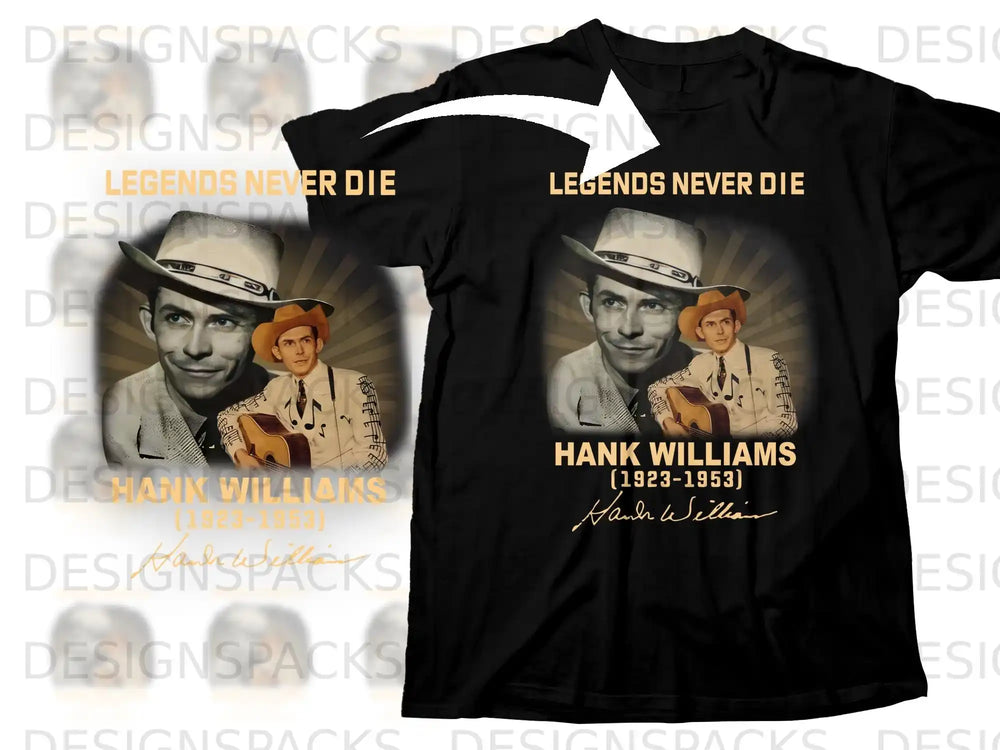 Black t-shirt with Hank Williams graphic and "Legends Never Die" text.
