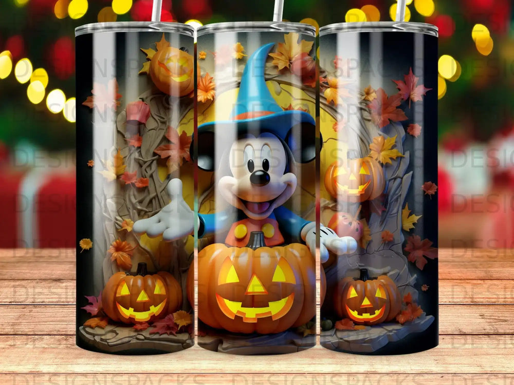 Mickey Mouse in a wizard hat with pumpkins, autumn leaves, and spooky trees.