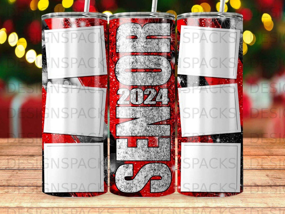 Tumbler with "SENIOR 2024" text, red and black glitter, and bokeh lights.