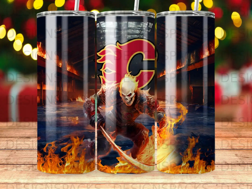Calgary Flames logo with a fiery skull figure and flames.