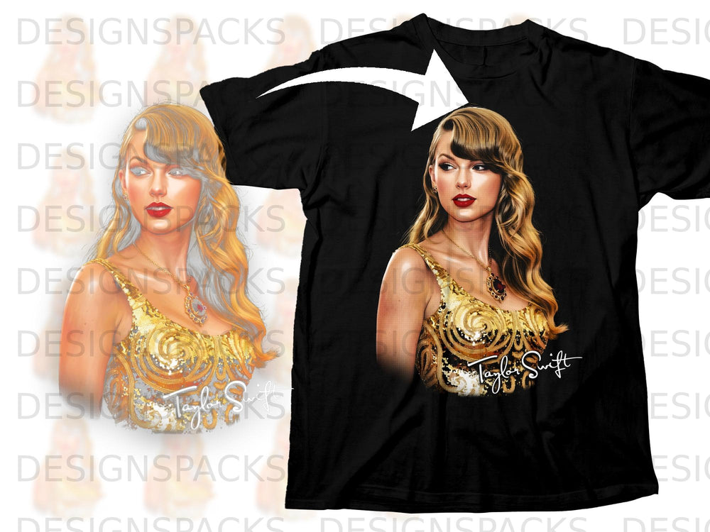 Black t-shirt with Taylor Swift graphic in gold sequined dress and signature.