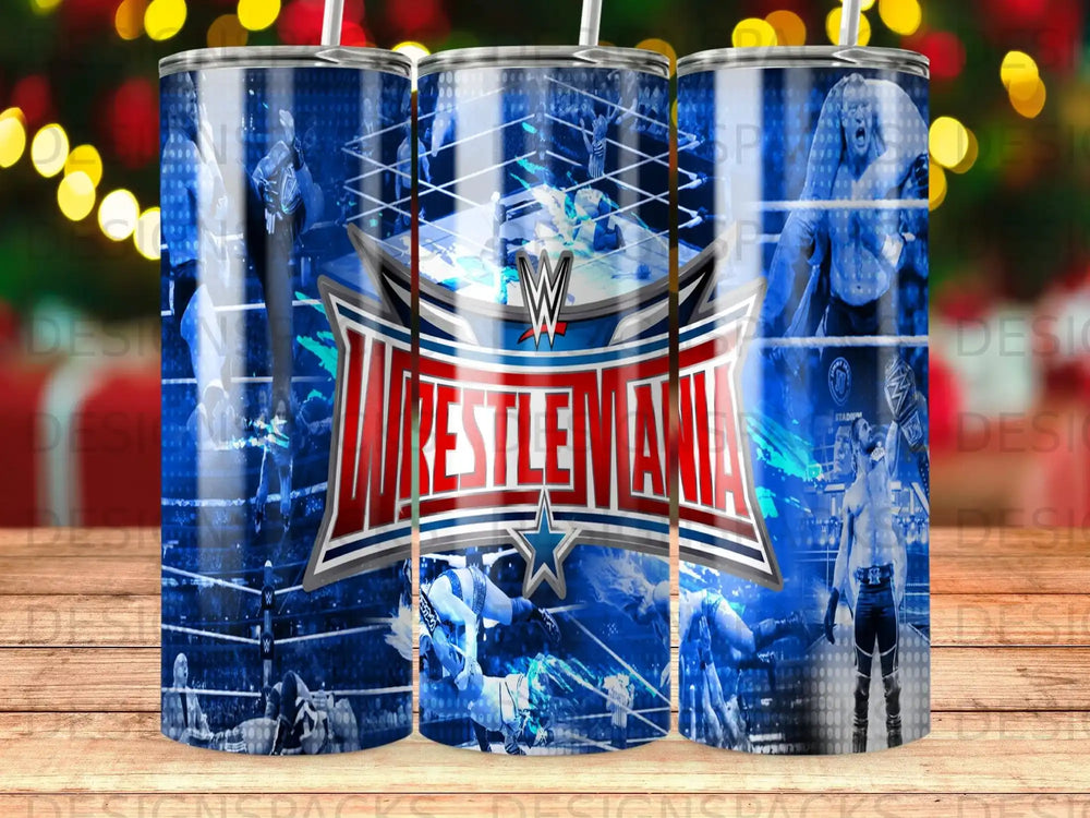 WrestleMania logo on a tumbler with wrestling imagery and blue and red colors.