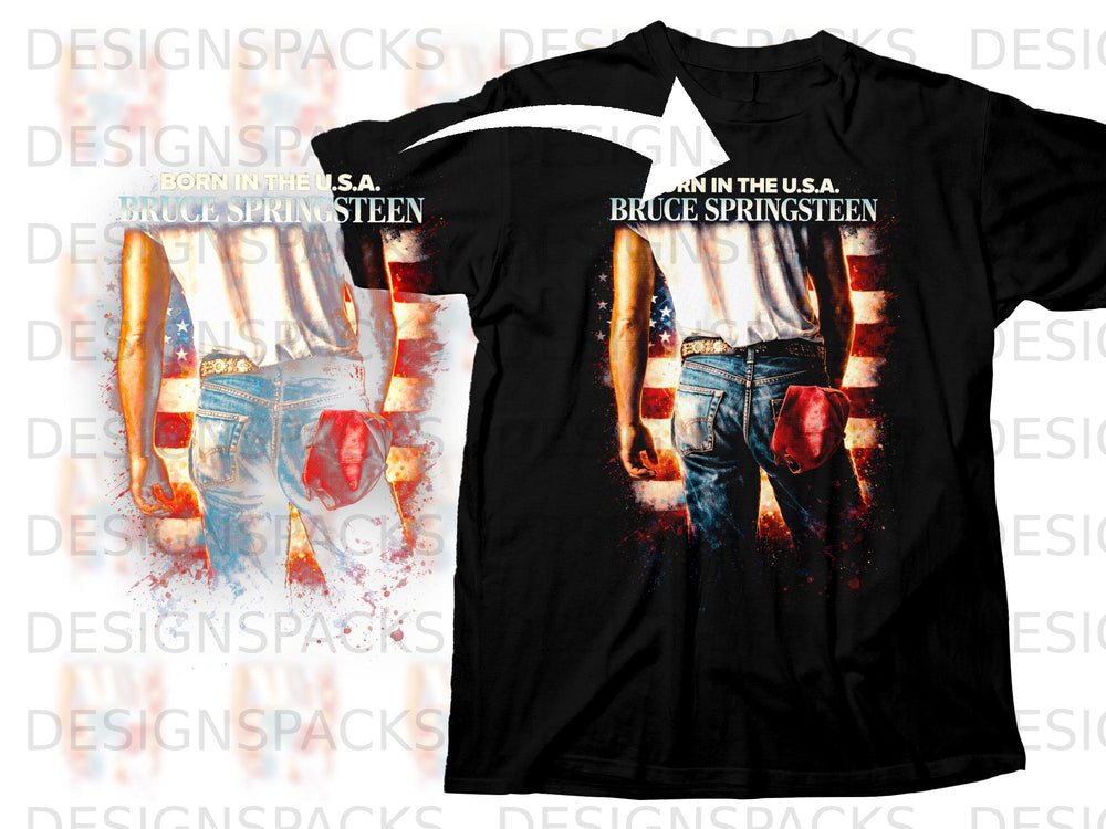 Black t-shirt graphic with "Born in the U.S.A. Bruce Springsteen" text over a distressed American flag.