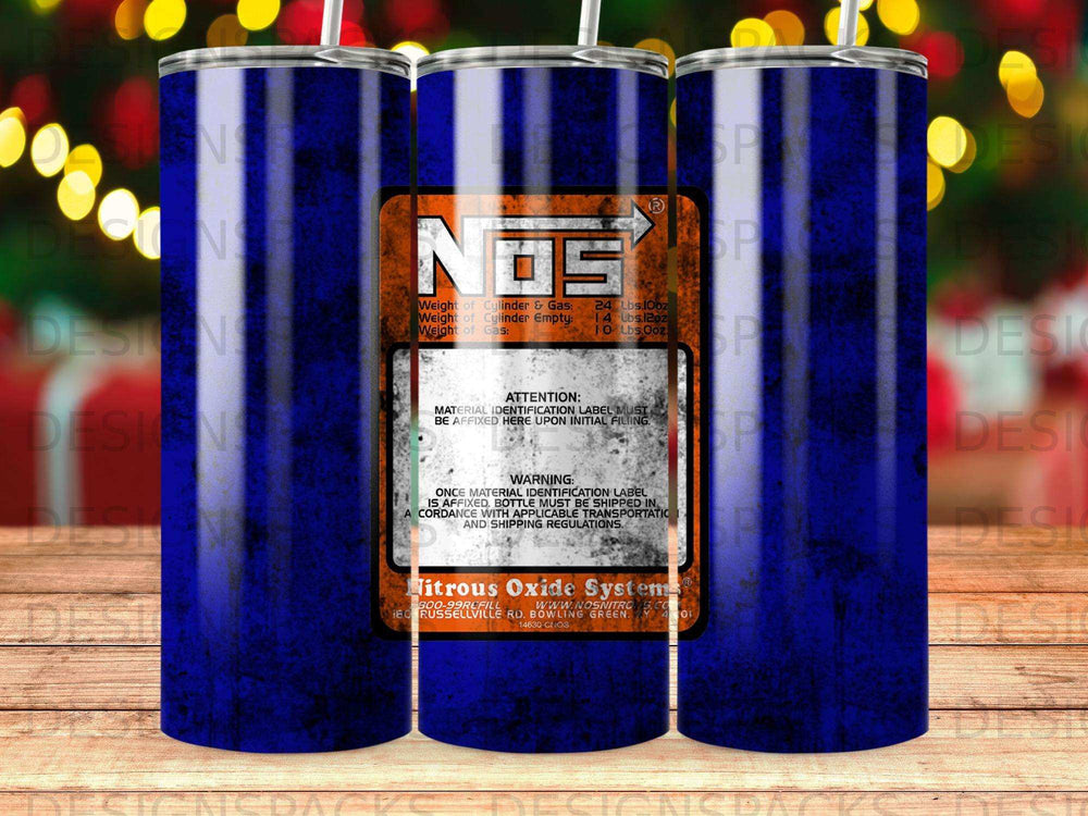 Blue tumbler with warning label for Nitrous Oxide Systems.