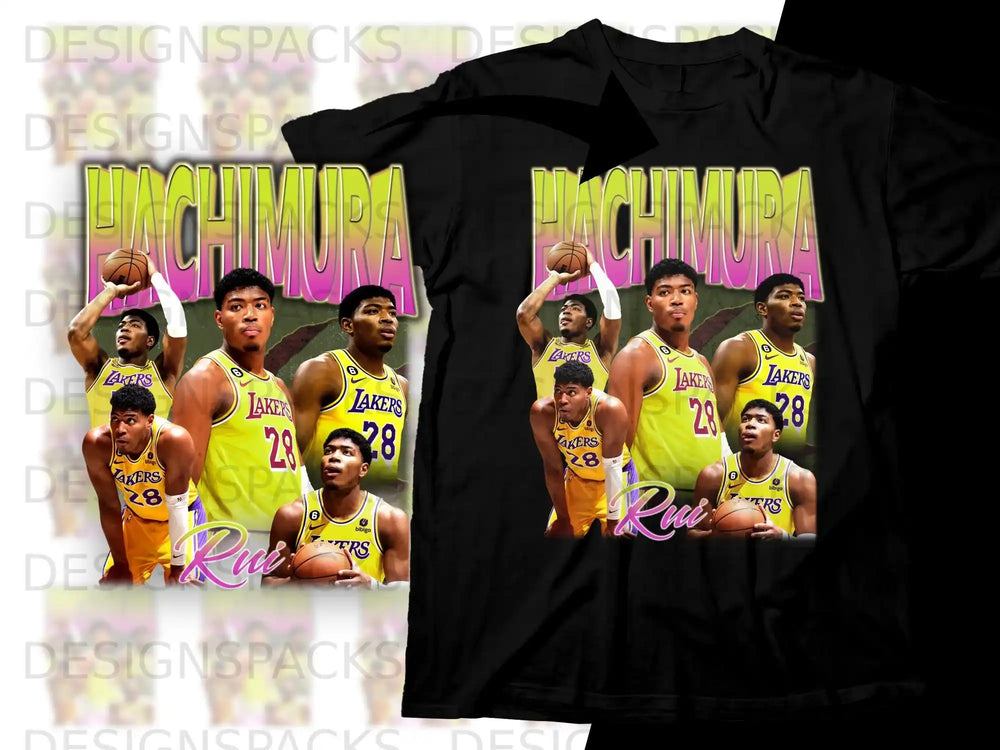 Rui Hachimura Lakers jersey graphic with basketballs and text.