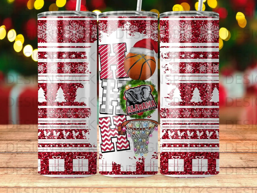 Alabama Crimson Tide basketball tumbler with red and white snowflake pattern.