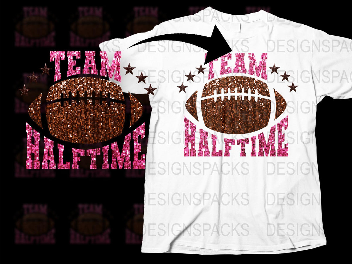 Team Halftime Football T-Shirt, Sparkle Pink Text, Sports Fan Apparel, Graphic Tee for Game Day