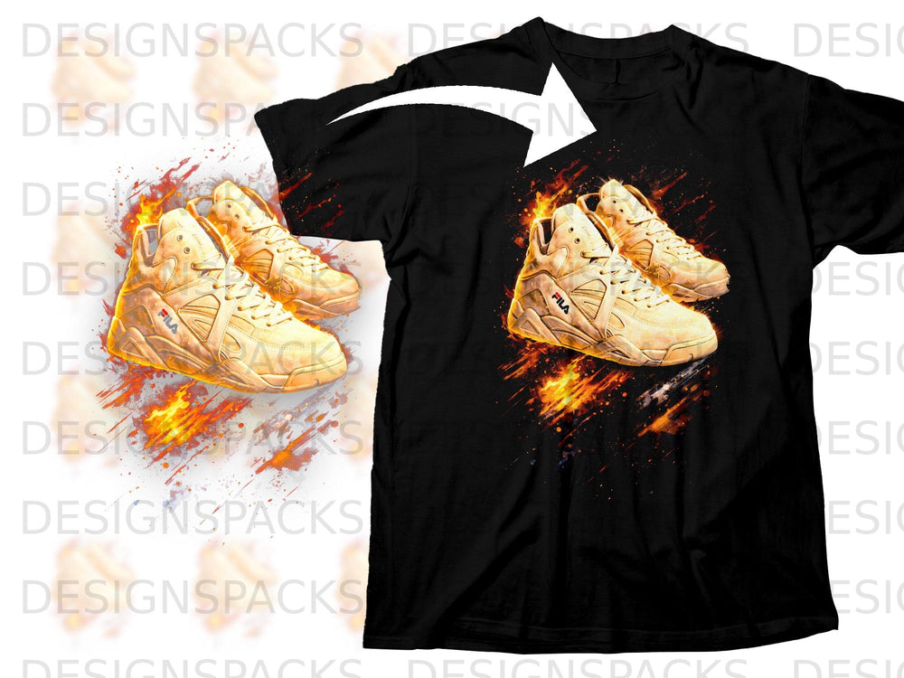 Black t-shirt with graphic of cream Fila sneakers amidst stylized flames.