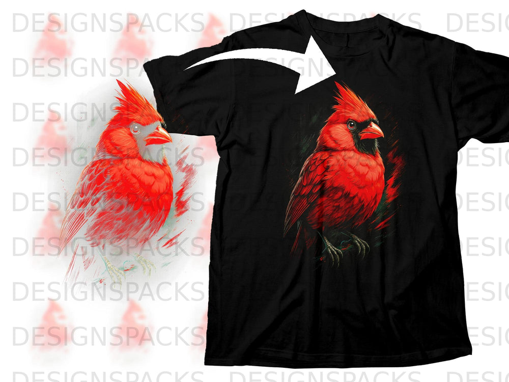 Black t-shirt with a vibrantly red cardinal design on the front.