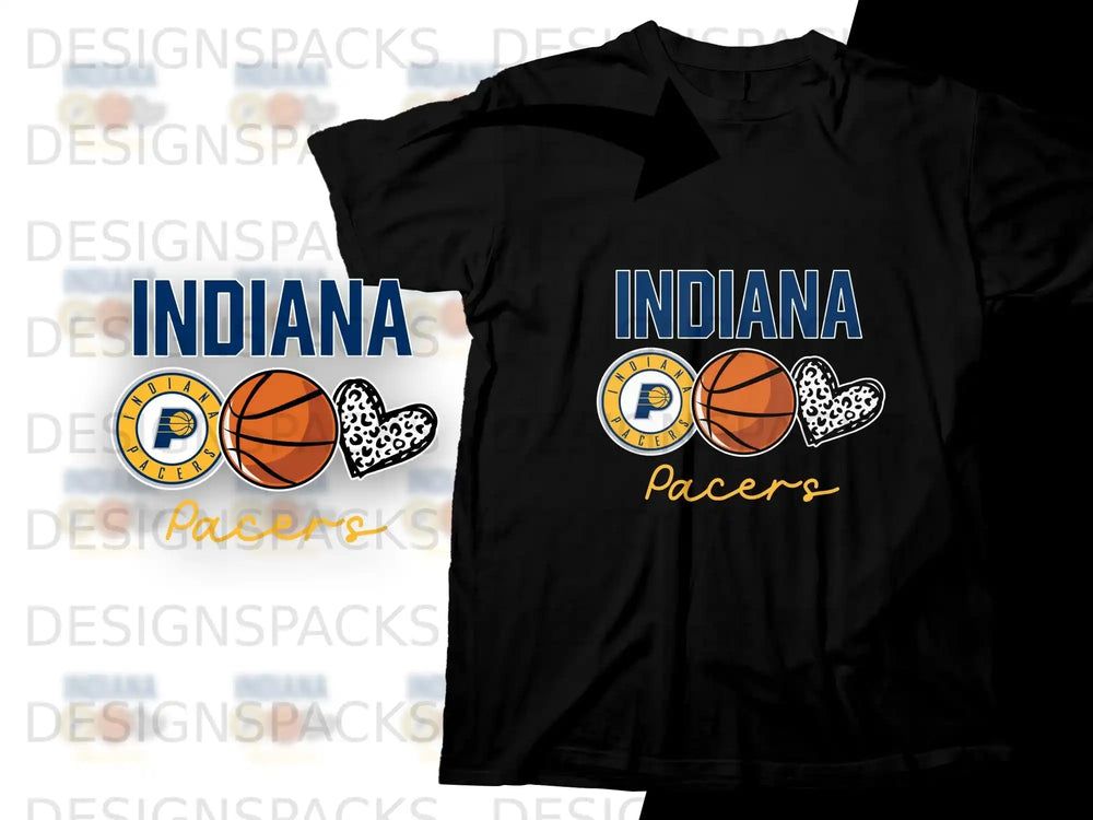 T-shirt featuring "INDIANA Pacers" text with basketballs and heart graphics.