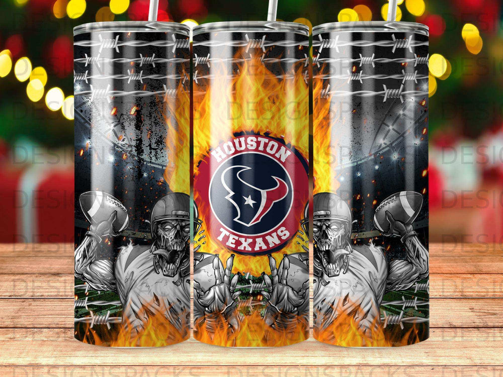 Houston Texans logo on tumbler with flaming football players and barbed wire.