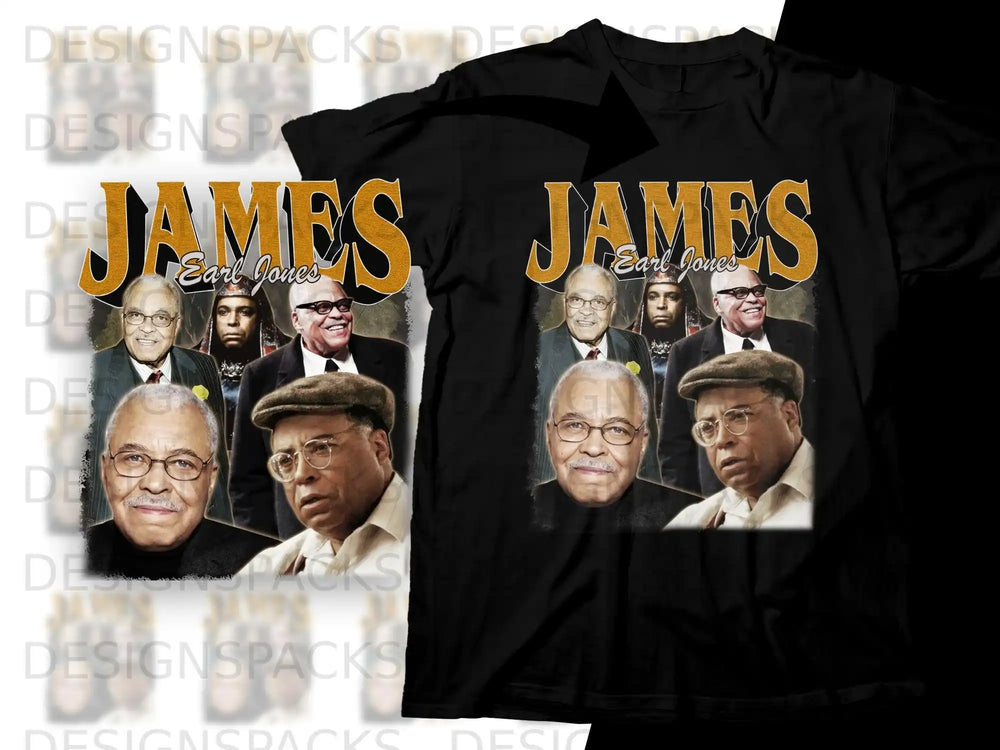 T-shirt graphic with "James Earl Jones" in large yellow text and collage of his portraits.