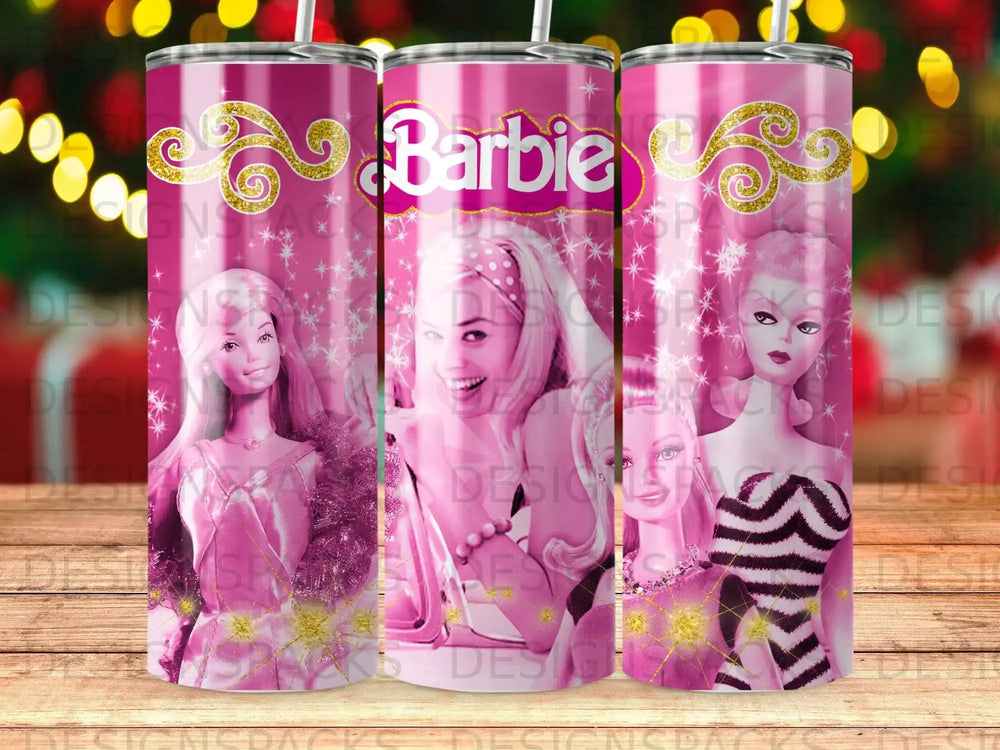 Pink Barbie tumbler with glitter accents and repeated Barbie logo.