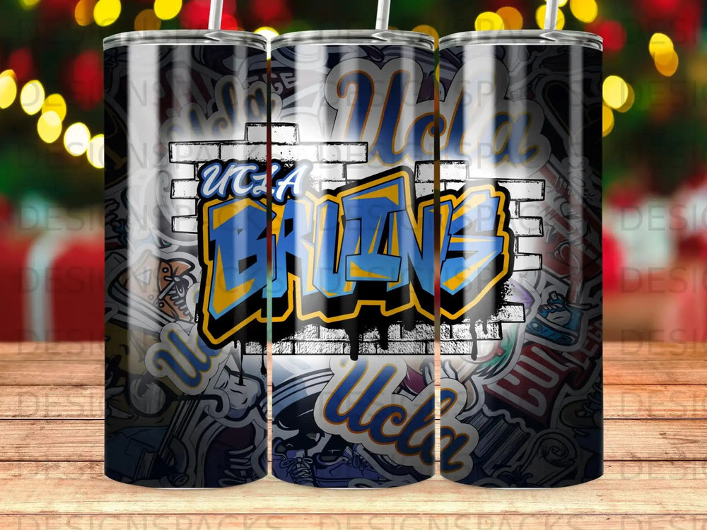 UCLA Bruins graffiti design on three tumblers.