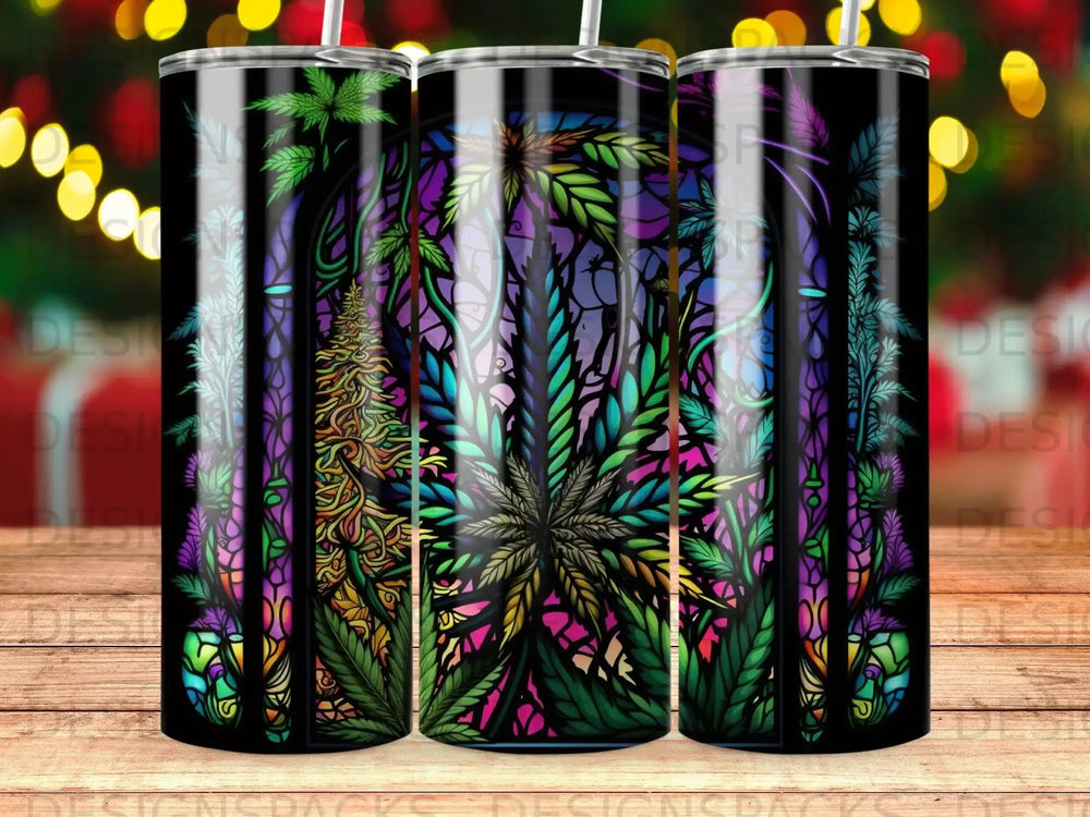 Stained glass-style cannabis leaves and buds tumbler design with colorful floral accents.