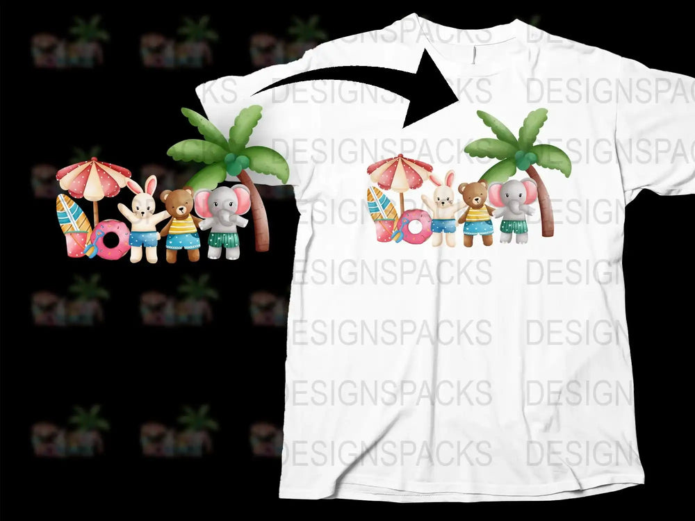 Cute Animal Beach Party T-Shirt, Tropical Vacation Kids Tee, Colorful Cartoon Characters Top