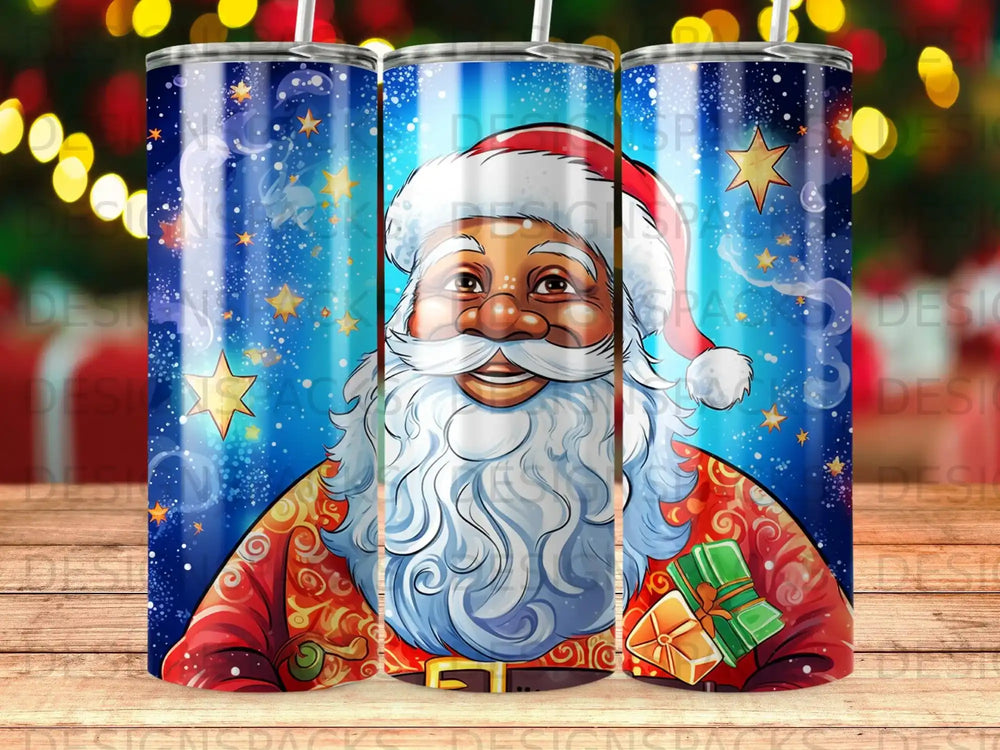 Santa Claus smiling with gift in festive blue and gold starry background.