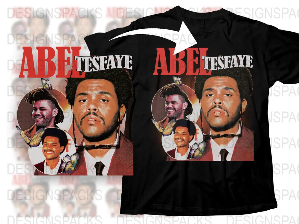 Abel Tesfaye Inspired Graphic T-Shirt, Pop Art Style, Music Artist Faces, Fan Merch, Casual Black Tee