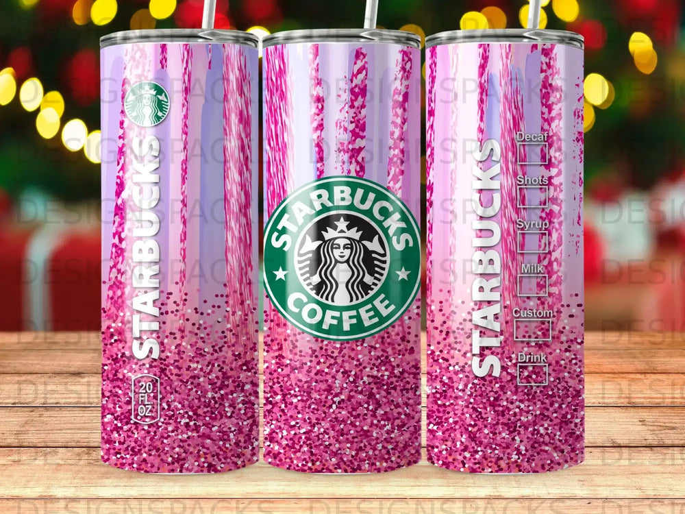 Starbucks tumbler with pink glitter, logo, and drink options.