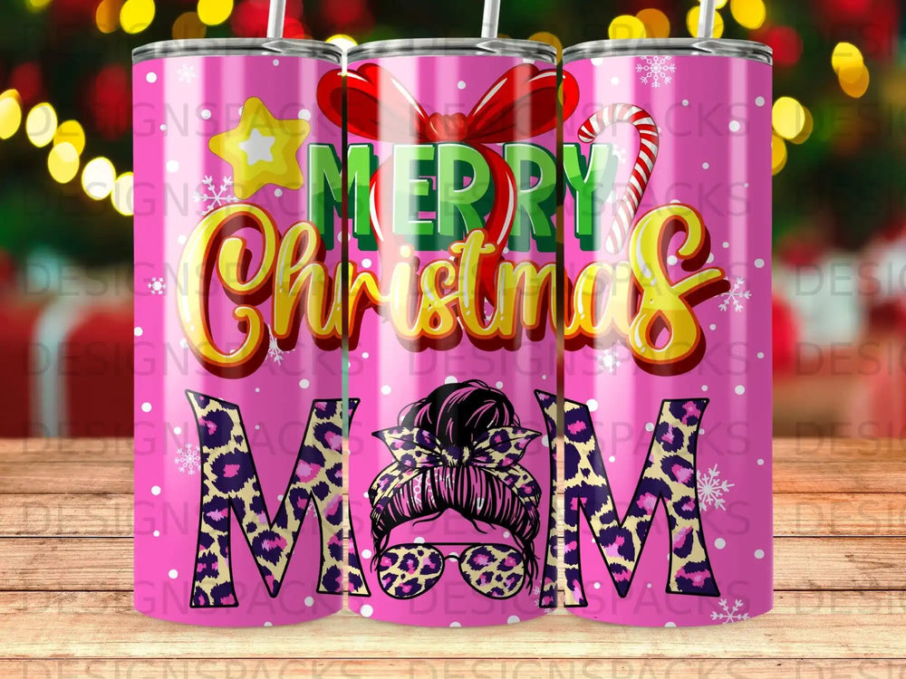 Pink tumbler with "Merry Christmas Mom" and leopard print design.