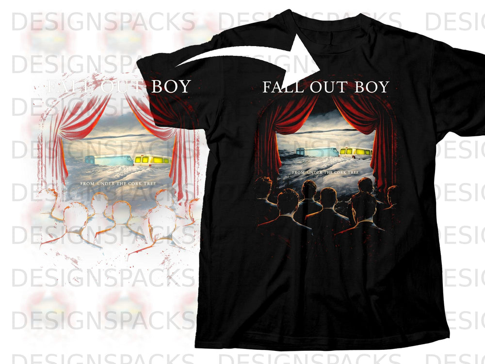 Fall Out Boy album art with "From Under the Cork Tree" text on black t-shirt.