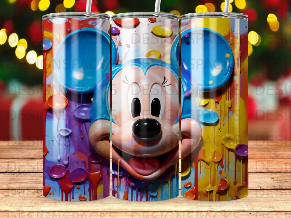 Mickey Mouse face with dripping paint on a tumbler with bokeh lights.