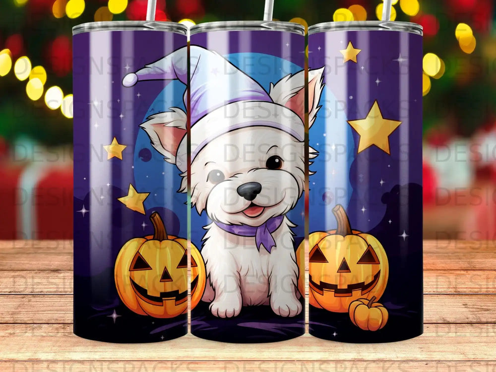 Dog in witch hat with pumpkins and stars.