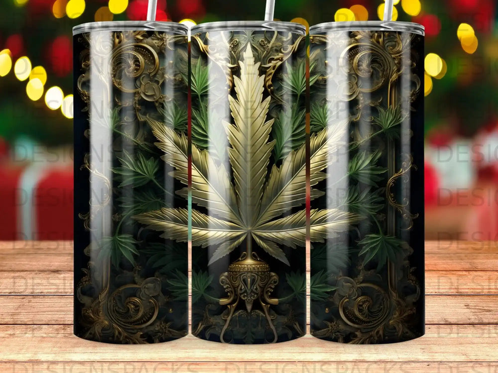 Gold cannabis leaf on ornate dark green background, three tumblers.