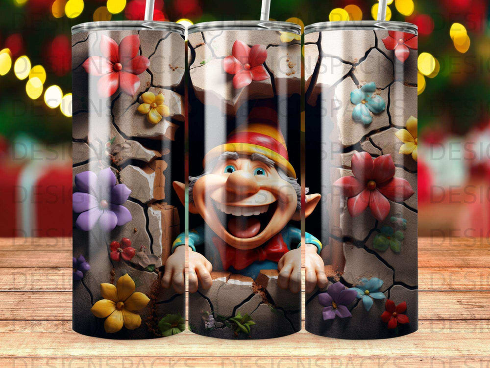 Smiling gnome with colorful flowers bursting through cracked earth design.