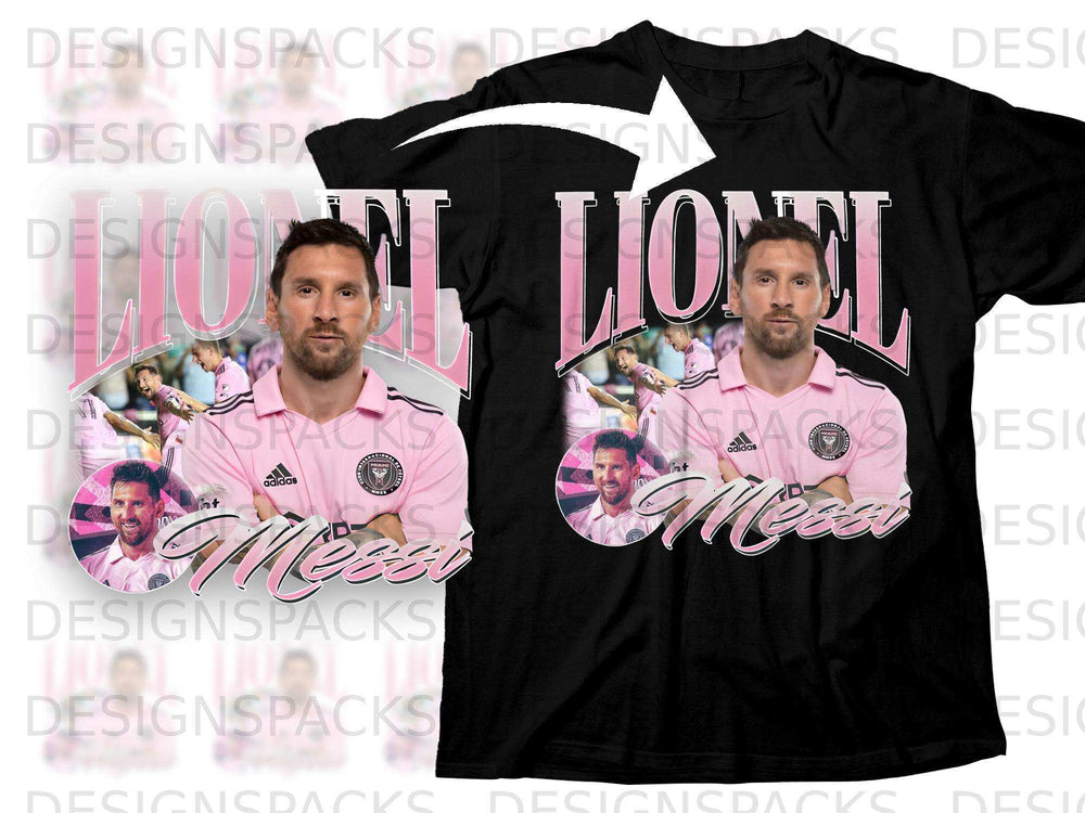 Lionel Messi in Inter Miami CF jersey with logo and "Messi" signature.