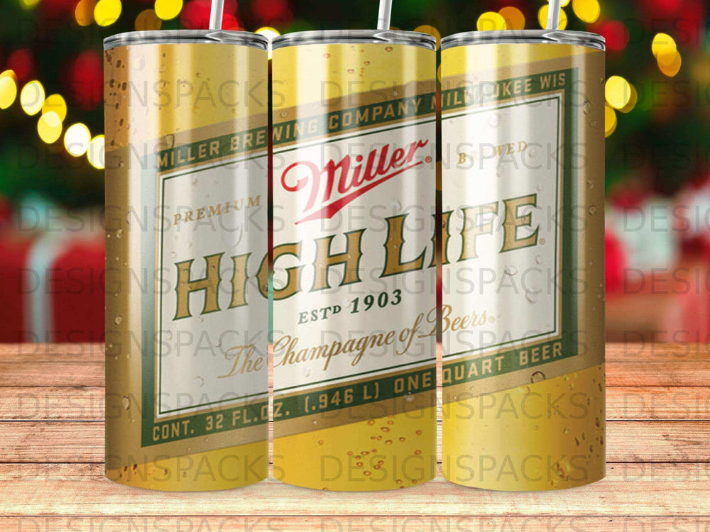 Miller High Life beer can with "The Champagne of Beer" text.