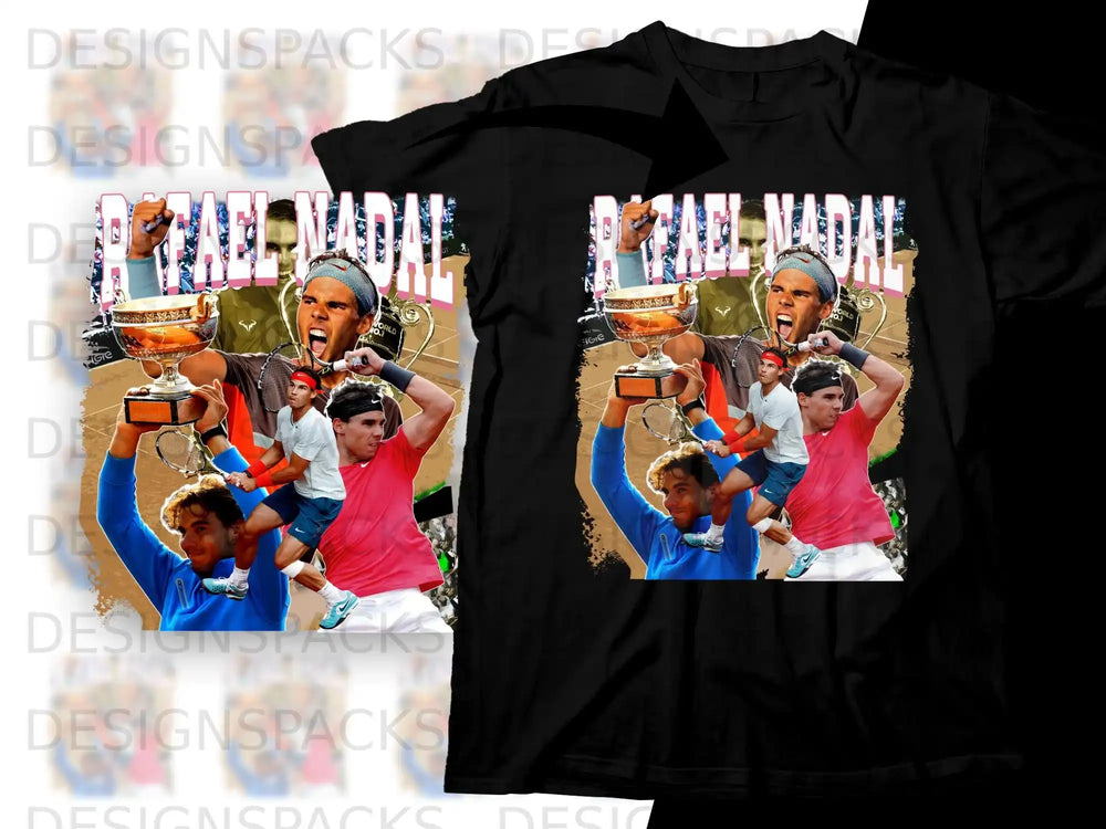 Rafael Nadal collage with trophies and tennis imagery.