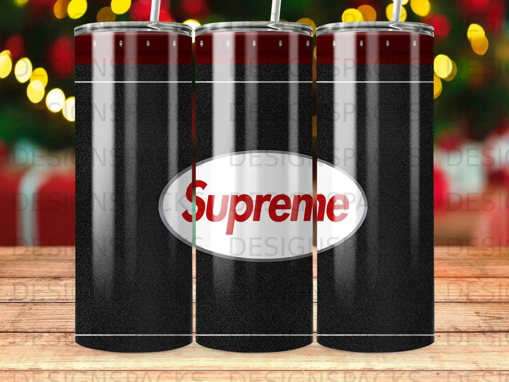 Black tumbler with red and white Supreme logo.