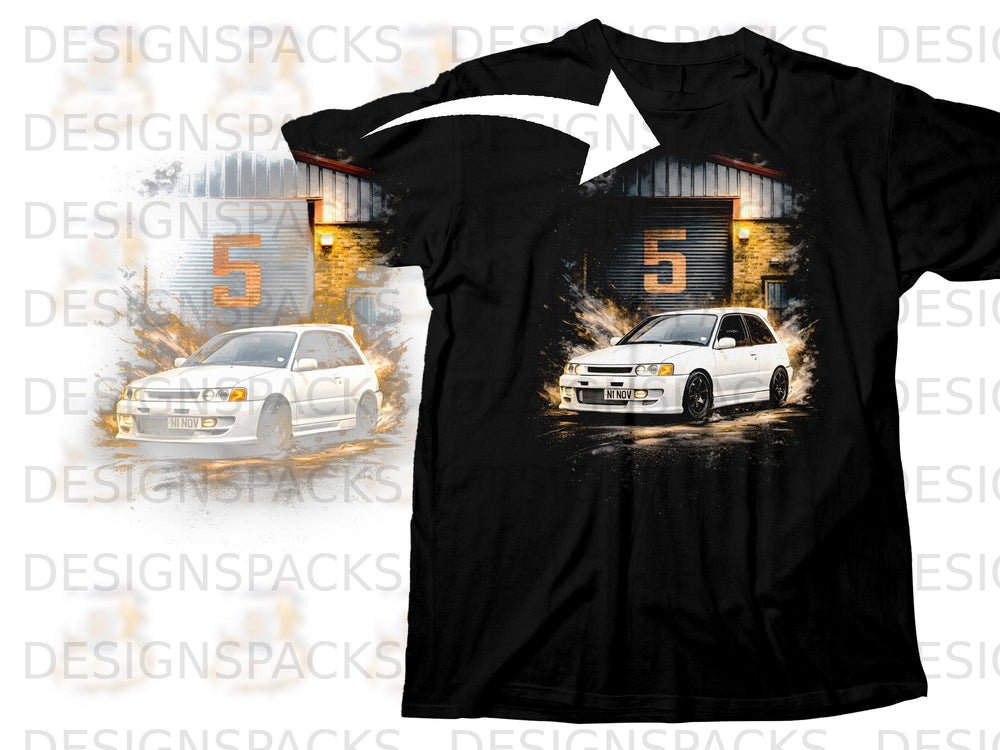 Black t-shirt with graphic of white car and large orange number 5.