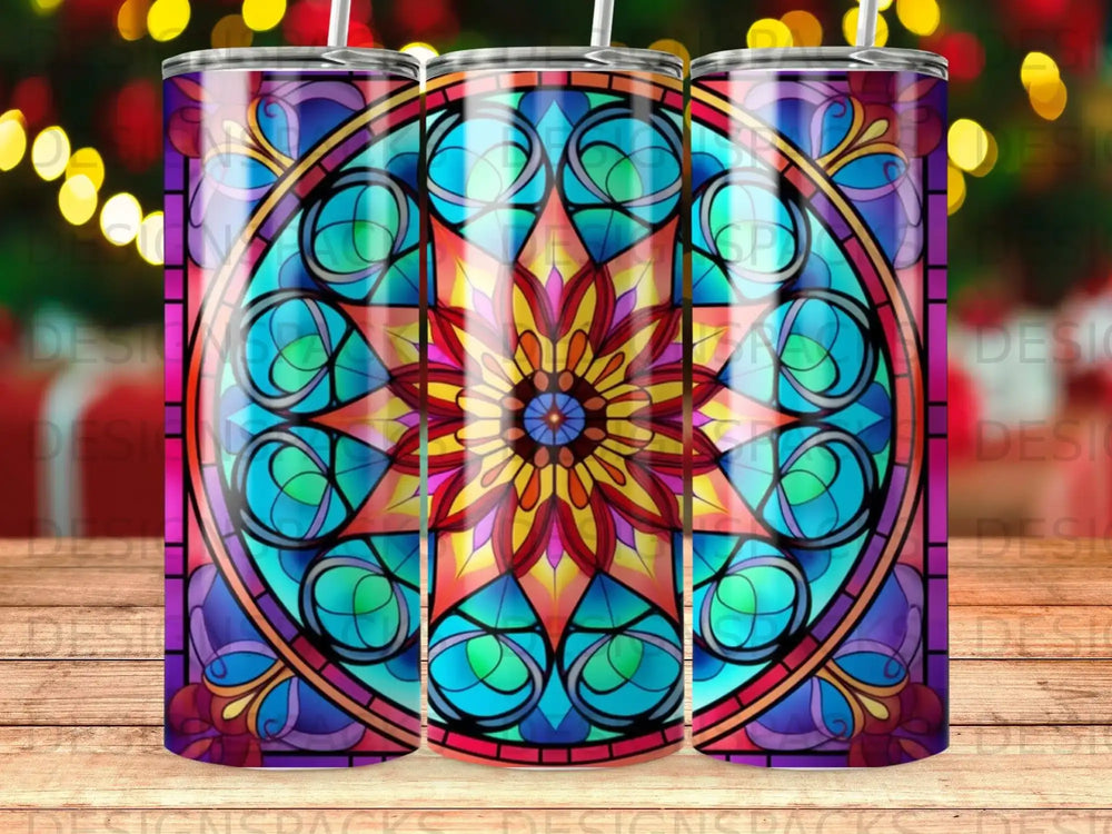 Stained glass tumbler with a central floral star design.