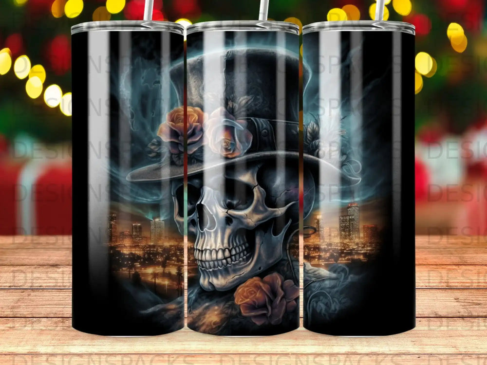 Skull in top hat with roses and city lights background.