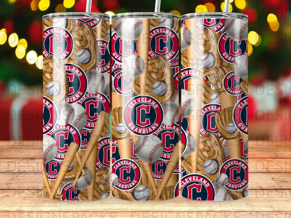 Cleveland Guardians baseball pattern on three tumblers with baseballs and gloves.