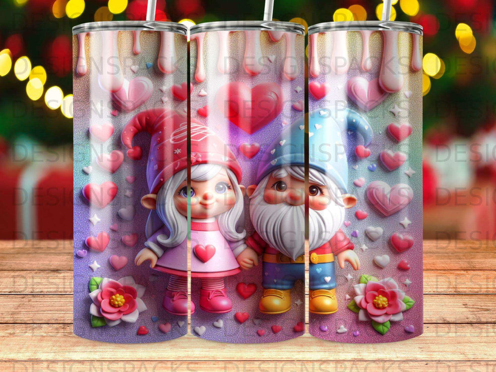 Gnome couple with hearts and flowers, three tumblers.